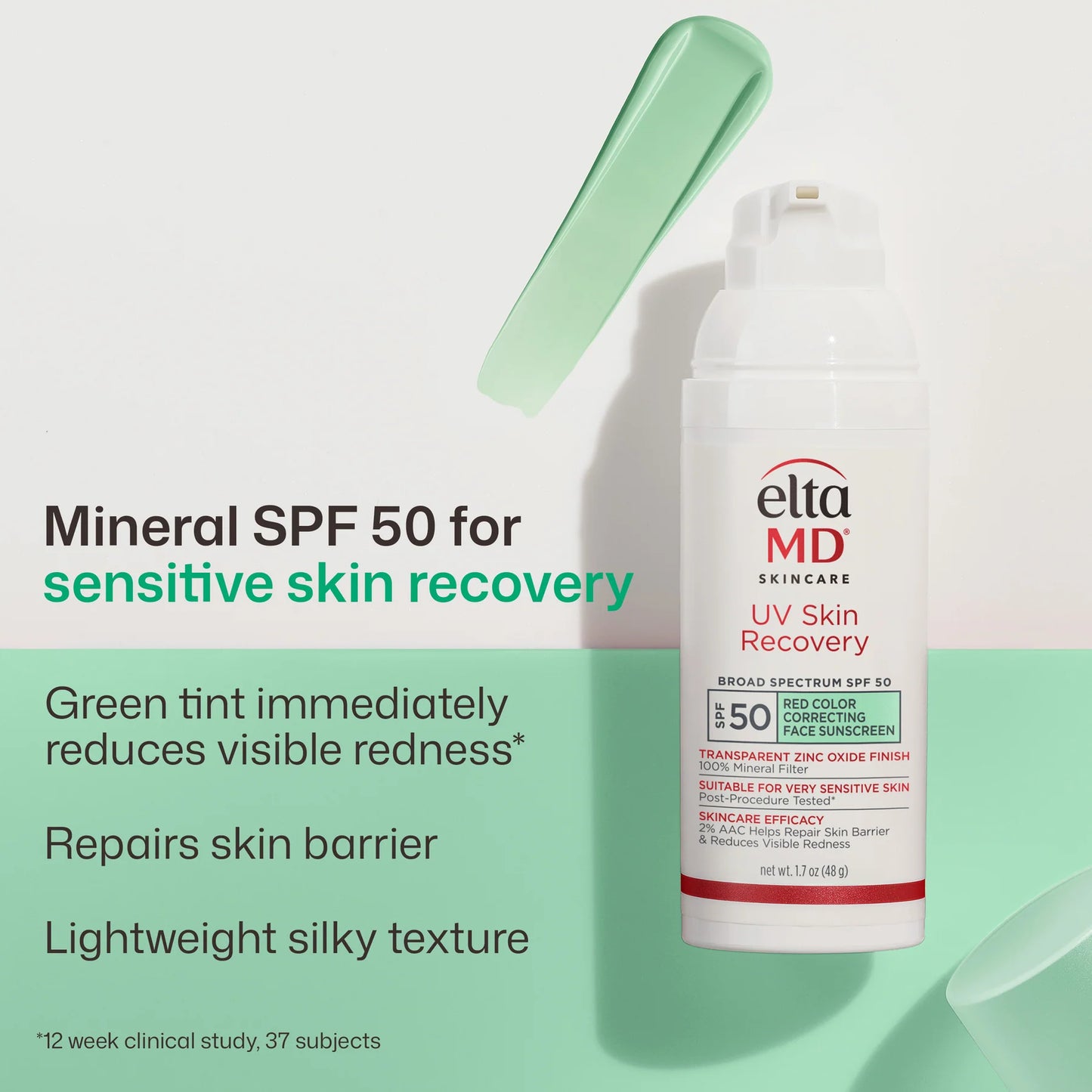 EltaMD UV Skin Recovery SPF50 mineral sunscreen graphic for sensitive skin recovery redness and skin barrier repair features