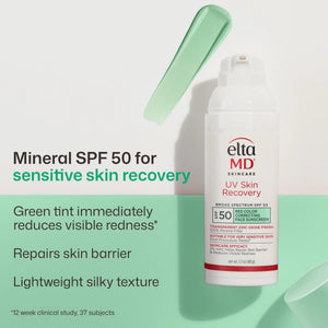 EltaMD UV Skin Recovery SPF50 mineral sunscreen graphic for sensitive skin recovery redness and skin barrier repair features
