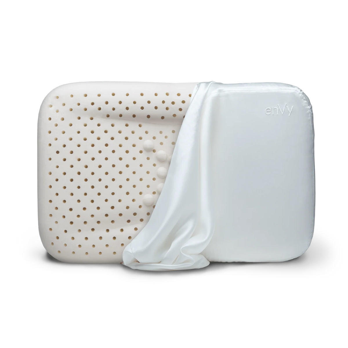 enVy anti-aging ergonomic pillow with natural latex core and copper-infused white silk pillowcase partially removed