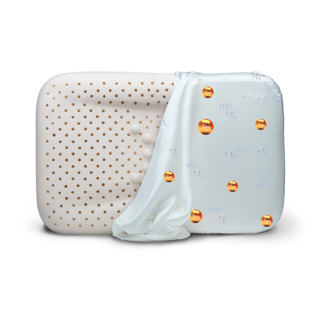 enVy pillow silk pillowcase pulled back revealing copper ion and hyaluronic acid bio-infusion technology inside the fabric