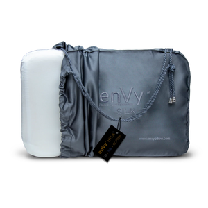 enVy HYLA+ copper and hyaluronic acid silk anti-aging pillow in luxury grey satin carry bag with branded hang tag
