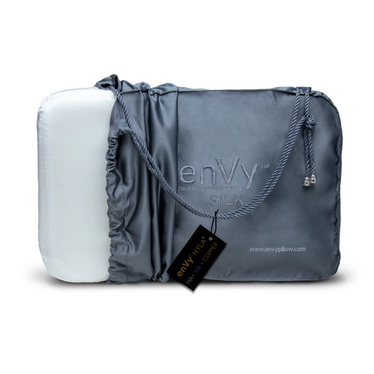 enVy HYLA+ copper and hyaluronic acid silk anti-aging pillow in luxury grey satin carry bag with branded hang tag