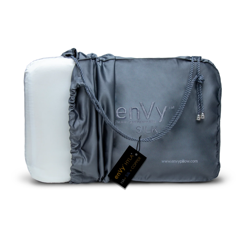 enVy HYLA+ copper and hyaluronic acid silk anti-aging pillow in luxury grey satin carry bag with branded hang tag