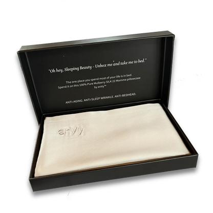 enVy copper pillowcase mulberry silk queen size shown in premium box packaging for skin care and wrinkle reduction