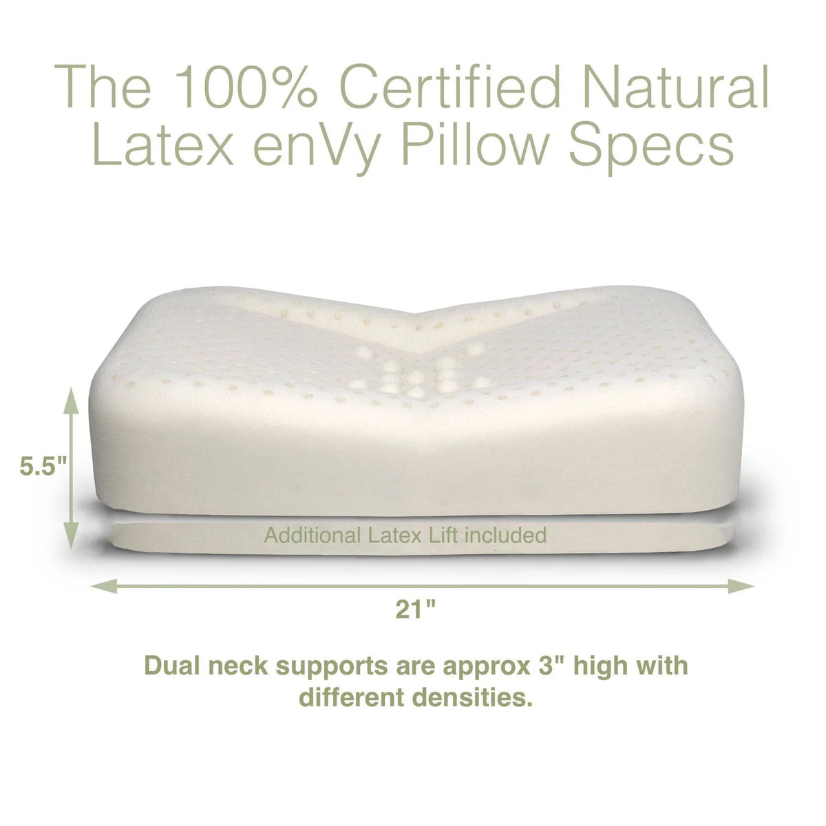enVy 100% certified natural latex anti-aging pillow specs showing 21 inch length, 5.5 inch height with dual neck support