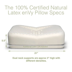 enVy 100% certified natural latex anti-aging pillow specs showing 21 inch length, 5.5 inch height with dual neck support