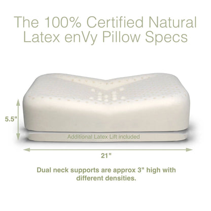 enVy 100% certified natural latex anti-aging pillow specs showing 21 inch length, 5.5 inch height with dual neck support