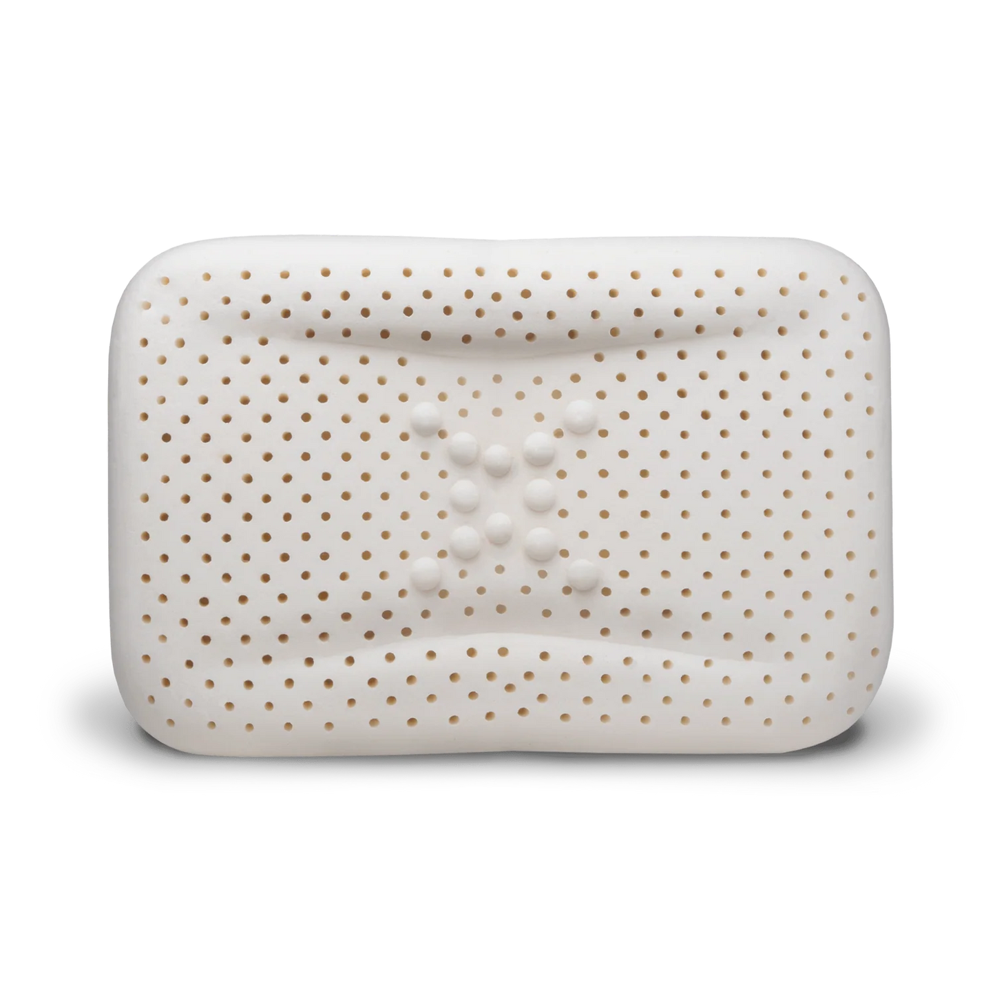 Close-up of enVy ergonomic pillow 100% natural latex core showing ventilation holes and dual-density neck support bumps