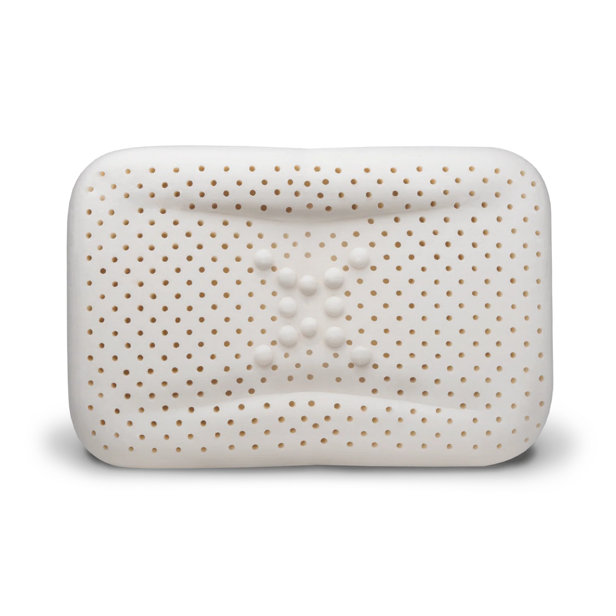 Close-up of enVy ergonomic pillow 100% natural latex core showing ventilation holes and dual-density neck support bumps