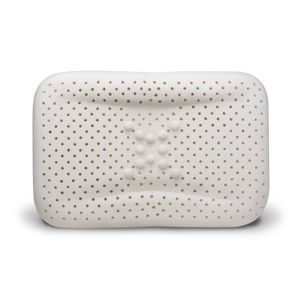 Close-up of enVy ergonomic pillow 100% natural latex core showing ventilation holes and dual-density neck support bumps