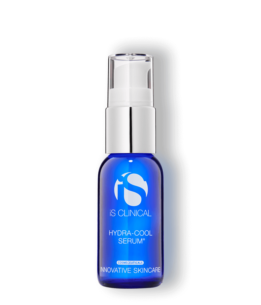 iS Clinical Hydra-Cool Serum blue pump bottle for cooling hydration, red skin relief and soothing sensitive skin care daily.