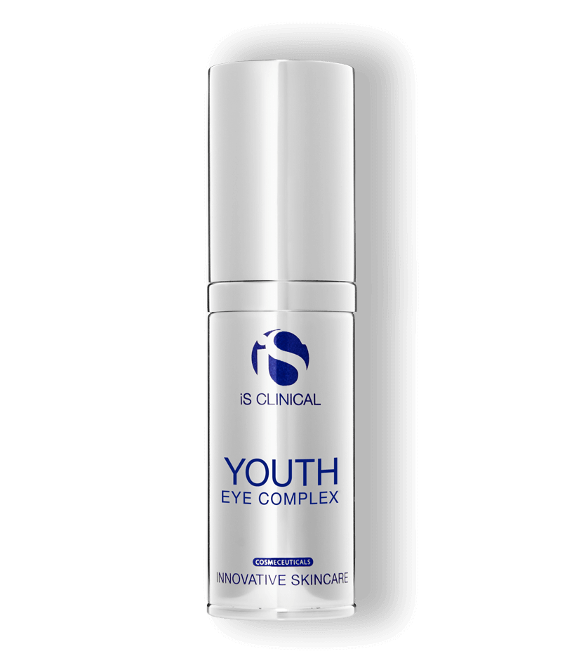 iS Clinical Youth Eye Complex silver pump bottle on transparent background for hydrating under eye skin care daily use today