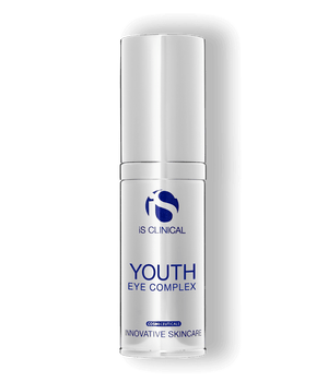 iS Clinical Youth Eye Complex silver pump bottle on transparent background for hydrating under eye skin care daily use today
