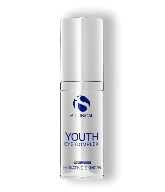 iS Clinical Youth Eye Complex silver pump bottle on transparent background for hydrating under eye skin care daily use today