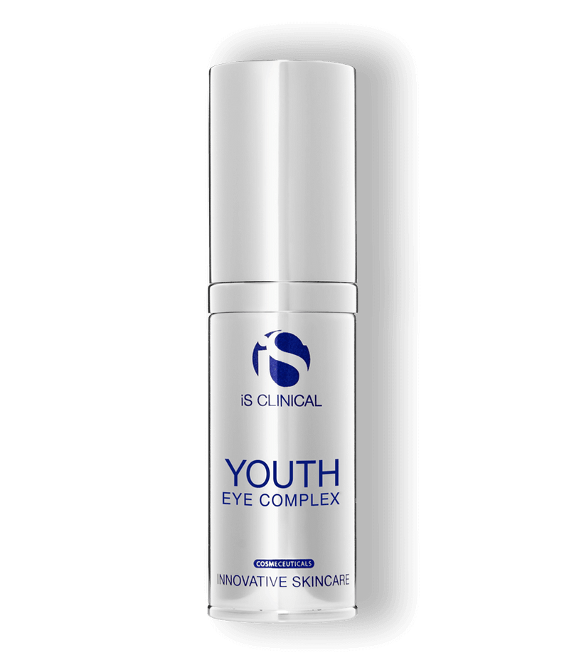 iS Clinical Youth Eye Complex silver pump bottle on transparent background for hydrating under eye skin care daily use today