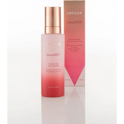 Joylux CleansHER Intimate Body Wash bottle and box in pink ombre packaging for daily feminine cleansing care routine