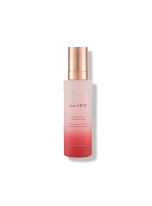 Joylux cleansHER intimate wash bottle for feminine hygiene with aloe, mandarin orange, and apricot cleanser ingredients