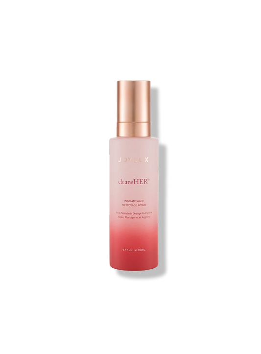 Joylux cleansHER intimate wash bottle for feminine hygiene with aloe, mandarin orange, and apricot cleanser ingredients