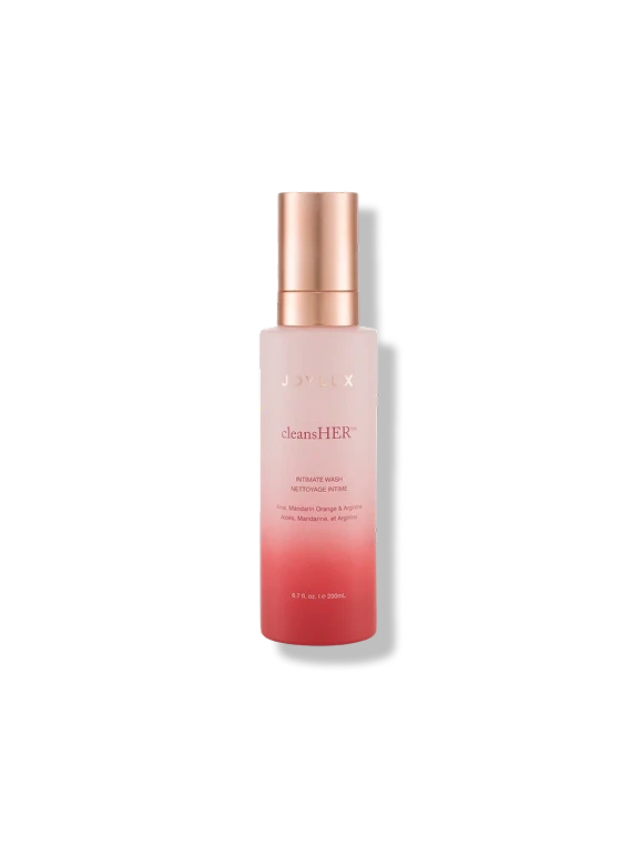 Joylux cleansHER intimate wash bottle for feminine hygiene with aloe, mandarin orange, and apricot cleanser ingredients