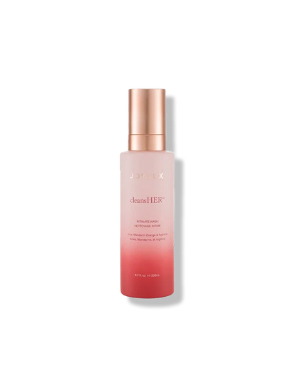 Joylux cleansHER intimate wash bottle for feminine hygiene with aloe, mandarin orange, and apricot cleanser ingredients