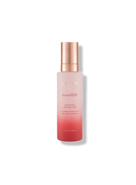 Joylux cleansHER intimate wash bottle for feminine hygiene with aloe, mandarin orange, and apricot cleanser ingredients
