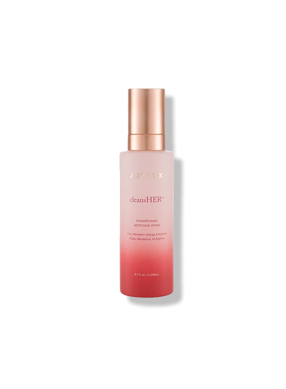 Joylux cleansHER intimate wash bottle for feminine hygiene with aloe, mandarin orange, and apricot cleanser ingredients
