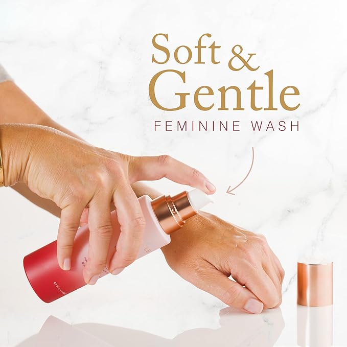 Joylux CleansHER soft and gentle feminine wash shown pumping onto hand for sensitive intimate skin care daily use