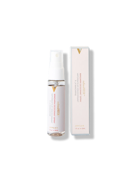 Joylux refreshHER mandarin deodorant spray bottle and box for feminine freshness, intimate hygiene, and odor control formula