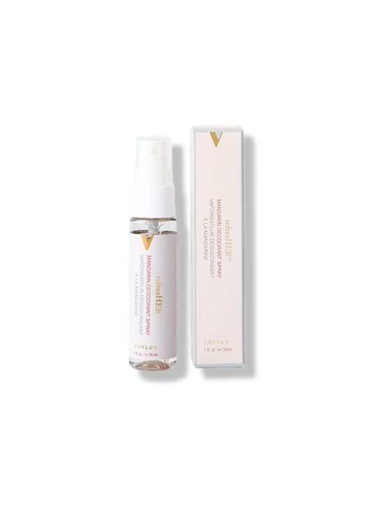 Joylux refreshHER mandarin deodorant spray bottle and box for feminine freshness, intimate hygiene, and odor control formula