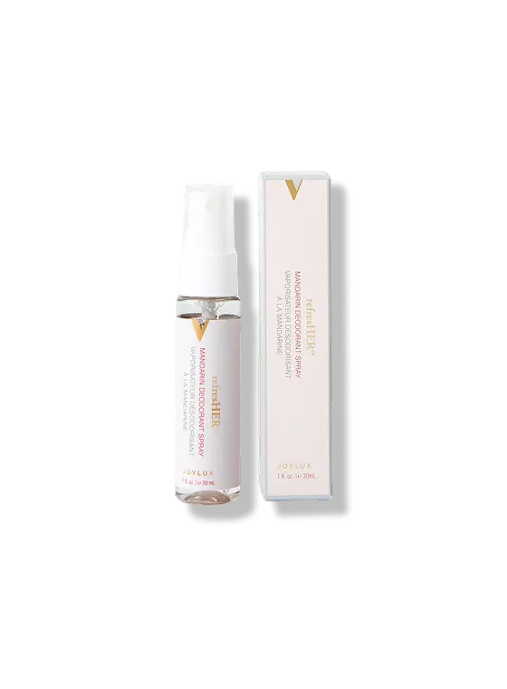 Joylux refreshHER mandarin deodorant spray bottle and box for feminine freshness, intimate hygiene, and odor control formula