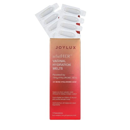 Joylux reliefHER vaginal hydration melts 10-pack box, hormone-free hyaluronic acid melts for dryness