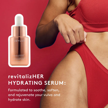 Joylux Revitalize-HER hydrating serum lifestyle image for soothing intimate skin and vulvar dryness care at home