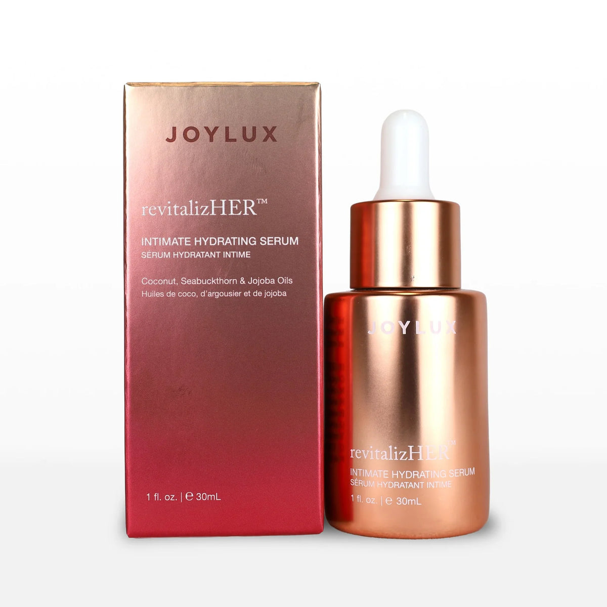 Joylux Revitalize-HER intimate hydrating serum with box showing coconut, seabuckthorn, and jojoba oils for dryness