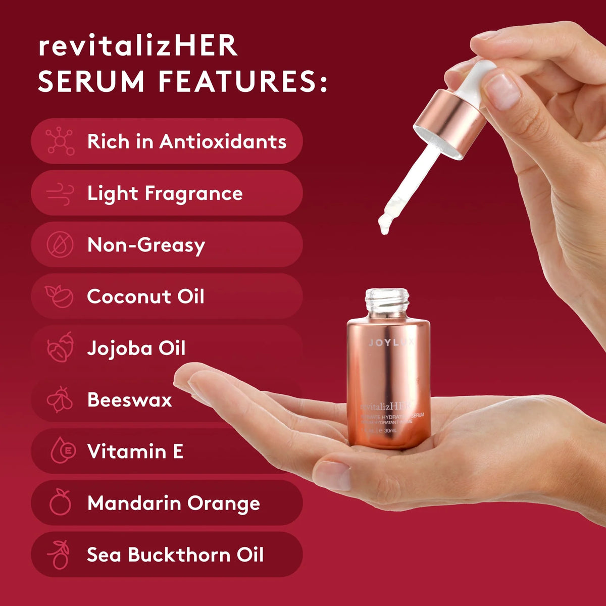 Joylux Revitalize-HER serum features graphic showing antioxidants, oils, vitamin E, and a non-greasy formula for comfort