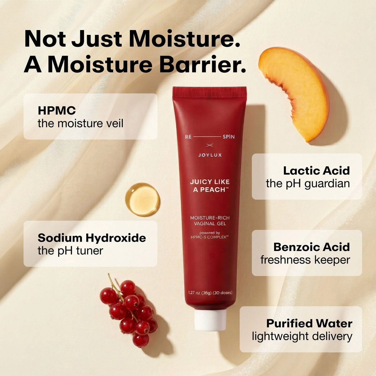 JUICY LIKE A PEACH ingredient breakdown: HPMC moisture veil, lactic acid pH guardian, purified water