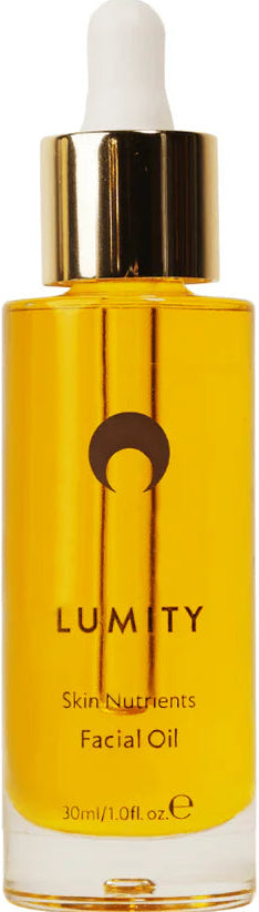 Lumity facial oil bottle with golden anti-aging skin nutrients oil in 30ml dropper for hydration, radiant glow, smooth skin.