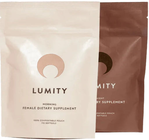 Lumity female dietary supplement pouches close-up with cream morning pack and brown night pack for women wellness daily uses