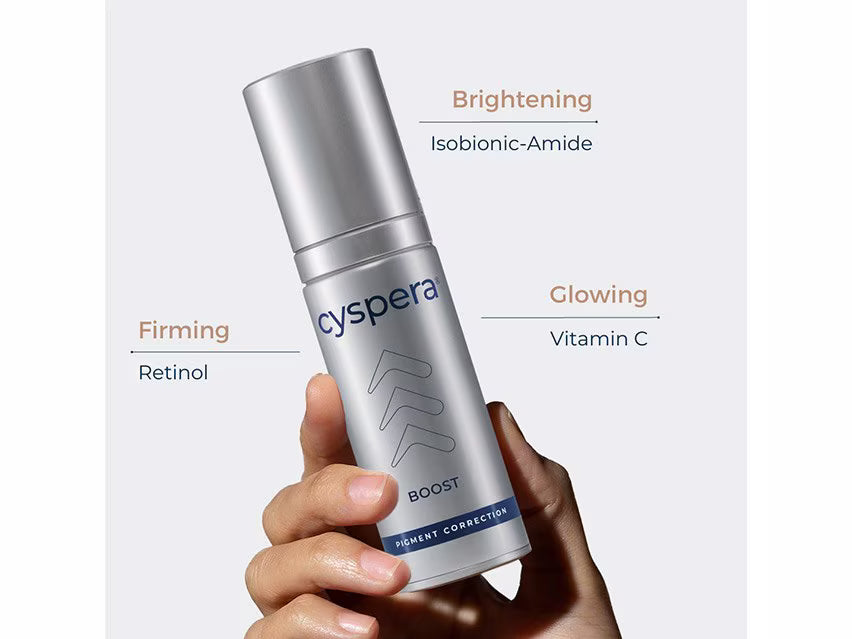 Cyspera skincare serum held by a hand with product features listed on a white background