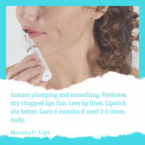 MesoLyft Lips lip replenisher applied to lips showing plumping hydration smoothing and daily use results