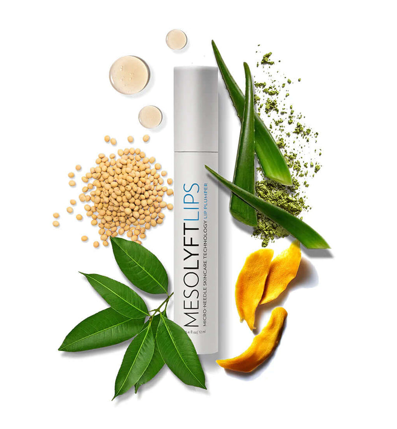 MesoLyft Lips lip replenisher surrounded by botanical ingredients highlighting hydration and plumping benefits