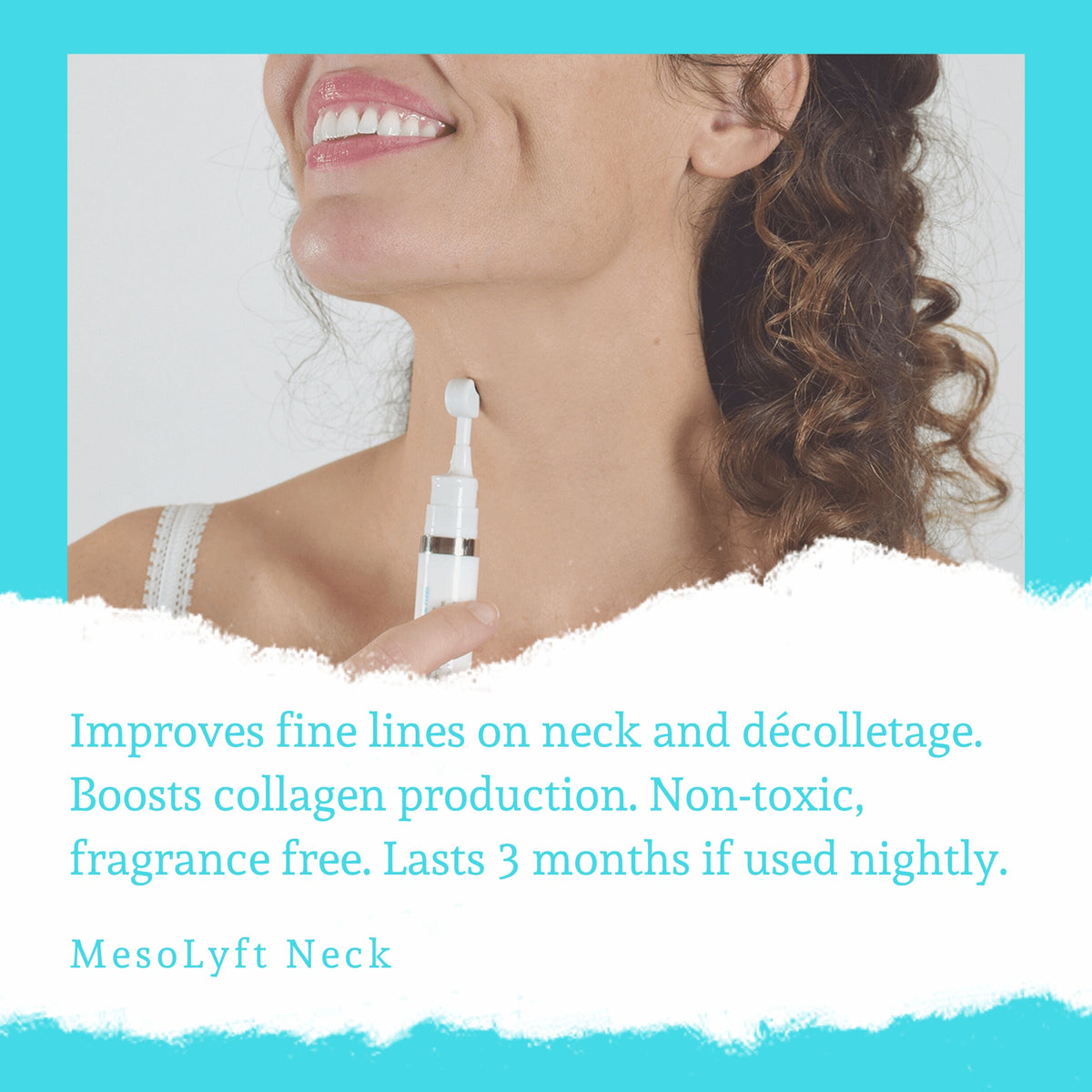 Model using MesoLyft Neck roller for fine lines, collagen support, and fragrance-free neck and décolletage care nightly use.