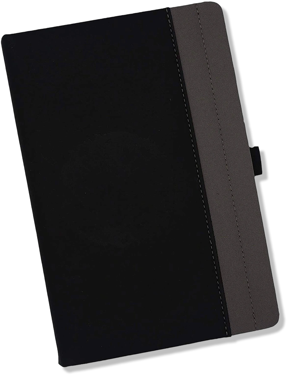 Nazarian Swag writing journal with black front cover, gray side panel, stitched detail, and elastic closure.