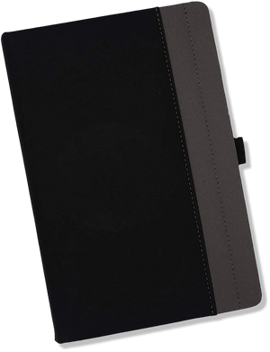 Nazarian Swag writing journal with black front cover, gray side panel, stitched detail, and elastic closure.