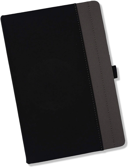 Nazarian Swag writing journal with black front cover, gray side panel, stitched detail, and elastic closure.