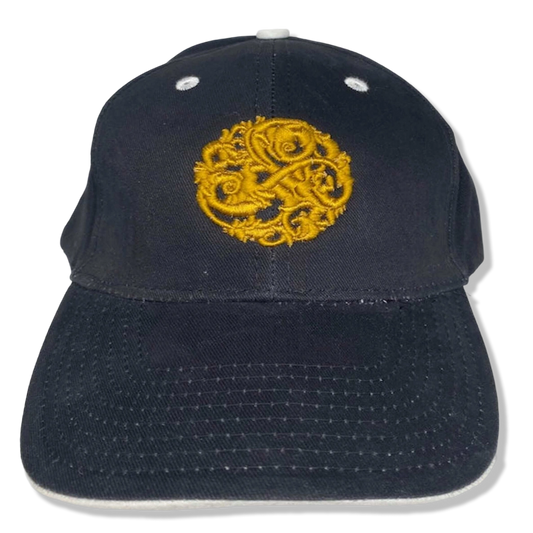 NazarianSwag brushed cotton baseball cap in navy with gold embroidered logo and white trim on the curved brim.