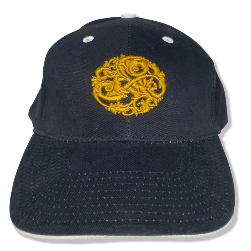 NazarianSwag brushed cotton baseball cap in navy with gold embroidered logo and white trim on the curved brim.