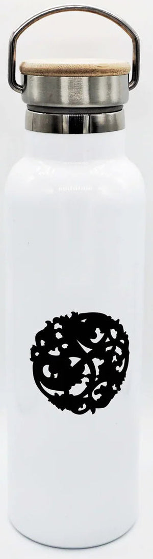 Nazarian swag insulated water bottle close-up showing white stainless steel body, black logo, and metal carry handle.