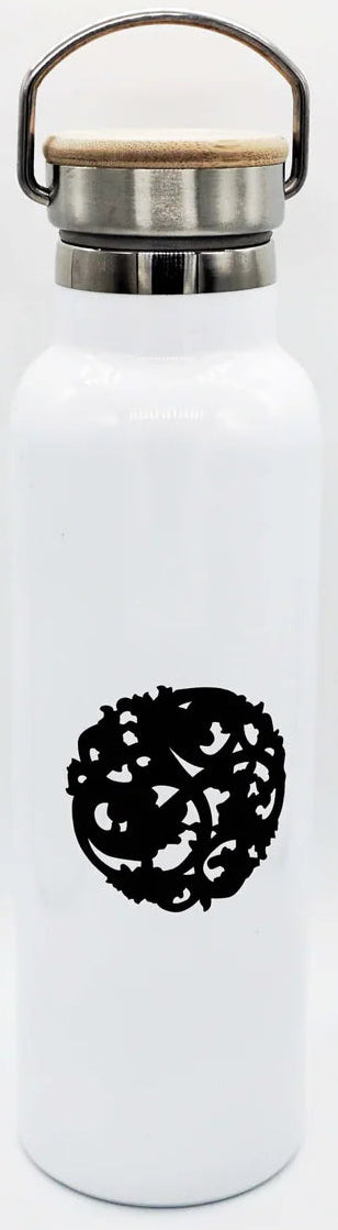 Nazarian swag insulated water bottle close-up showing white stainless steel body, black logo, and metal carry handle.