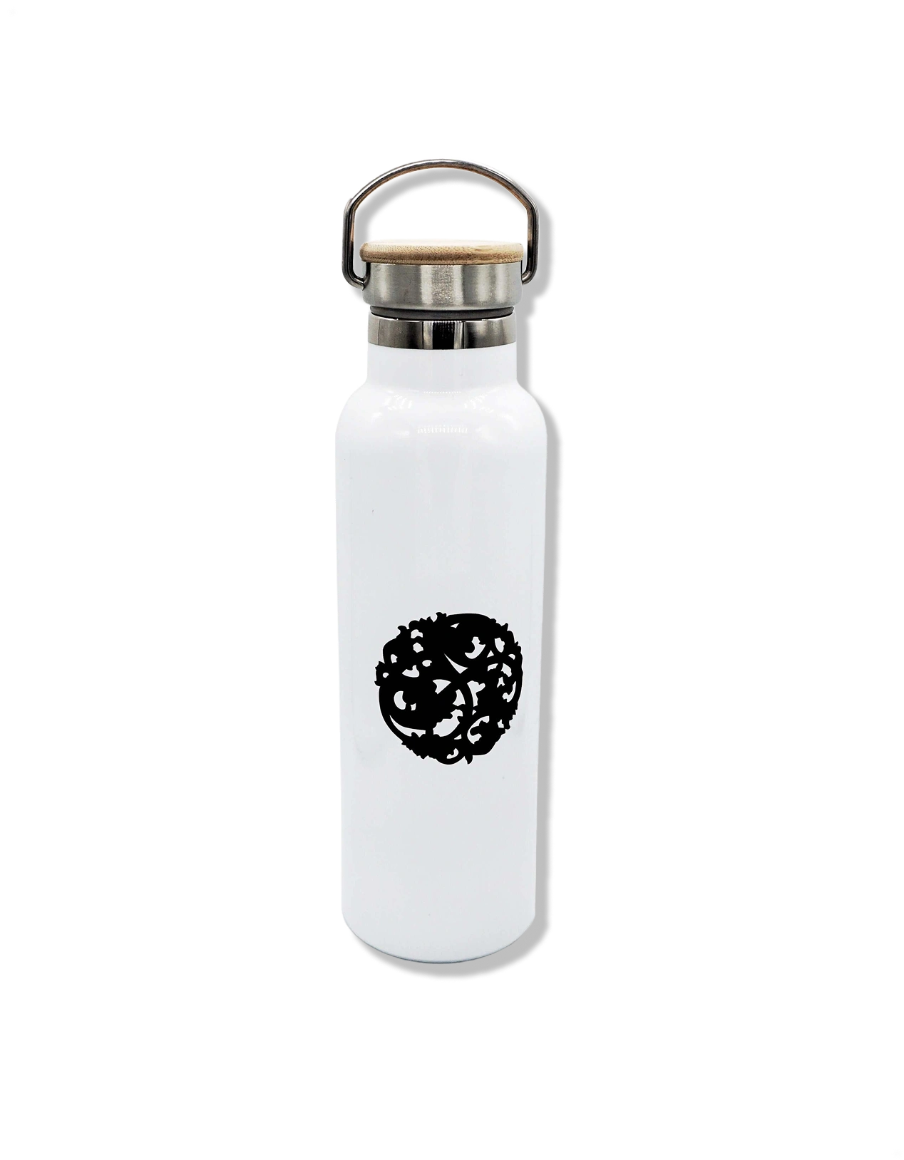 Nazarian swag stainless steel insulated bottle in white with black logo, metal handle, and bamboo-look cap detail.