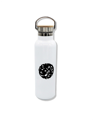 Nazarian swag stainless steel insulated bottle in white with black logo, metal handle, and bamboo-look cap detail.